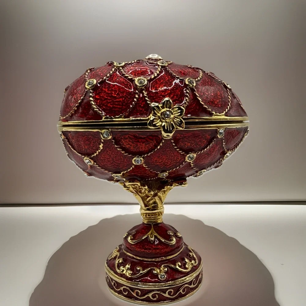 Jeweled Enameled Hinged Red Egg Trinket/Jewerly Box